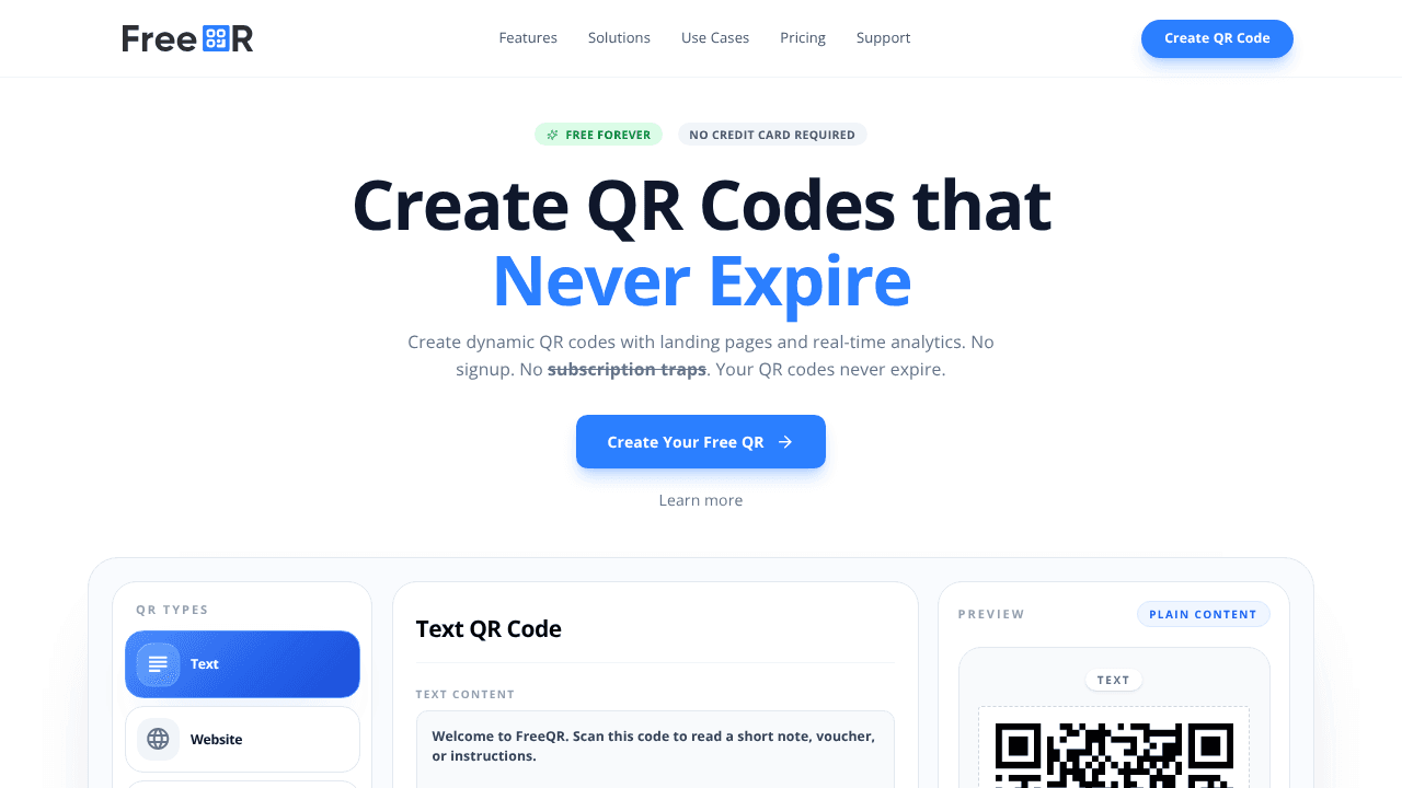 Free QR Codes Generator website screenshot