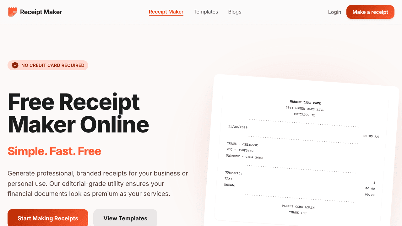 Free Receipt Maker website screenshot