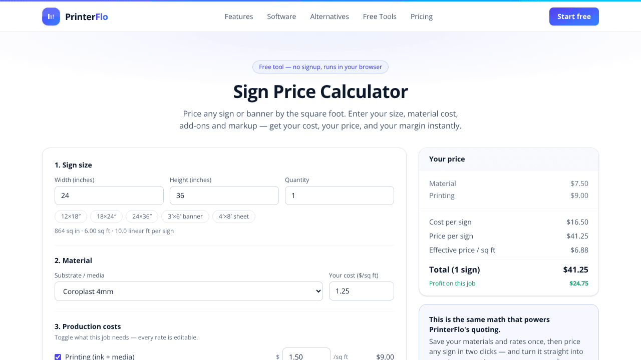 Free Sign Price Calculator — Price Signs website screenshot