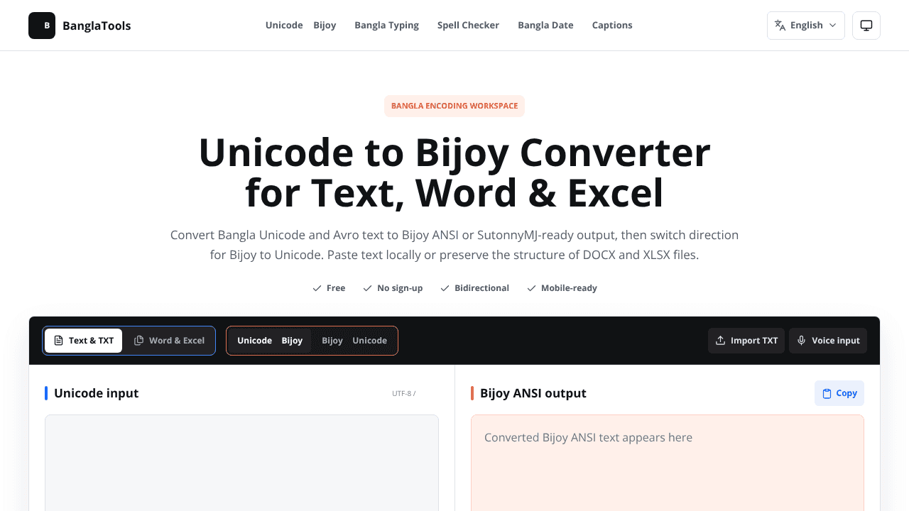 Free Unicode to Bijoy Converter website screenshot