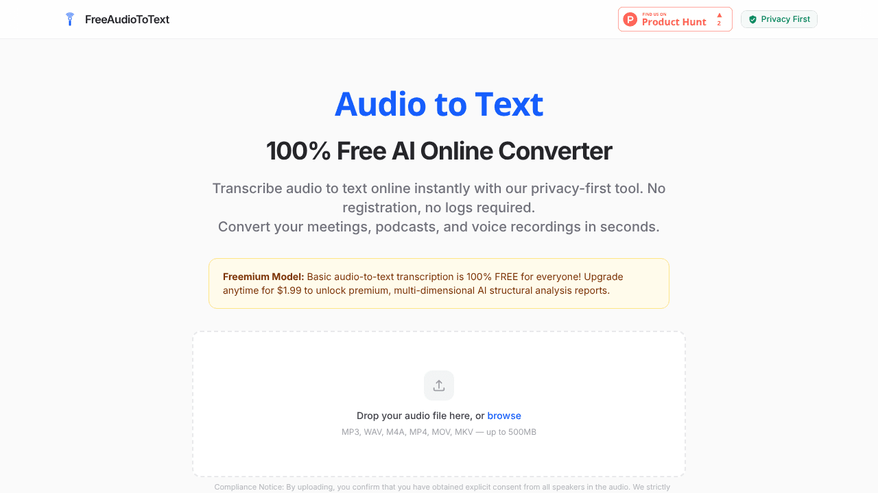 FreeAudioToText website screenshot