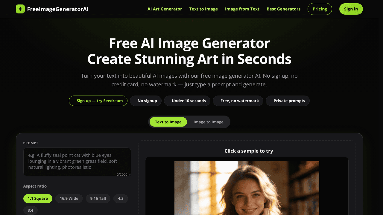 FreeImageGeneratorAI website screenshot