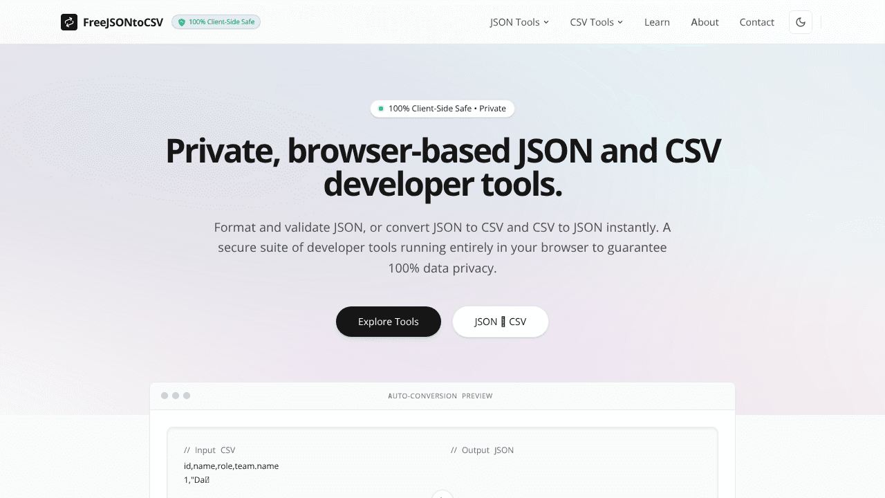 FreeJSONtoCSV website screenshot