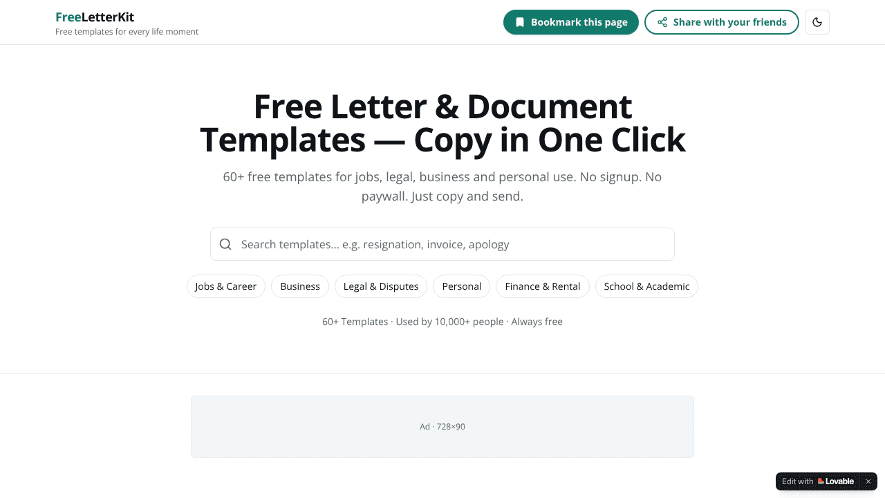 FreeLetterKit website screenshot