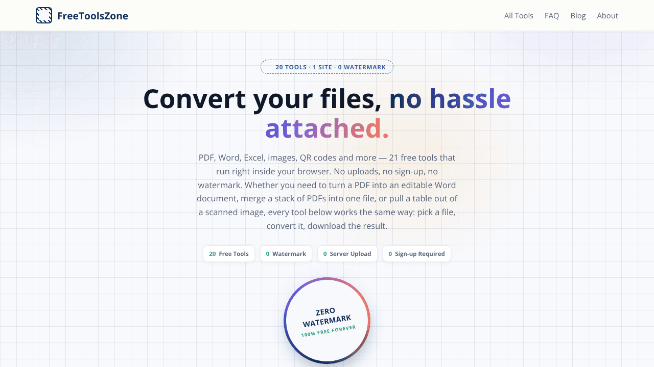 FreeToolsZone — 20 Free File Tools website screenshot