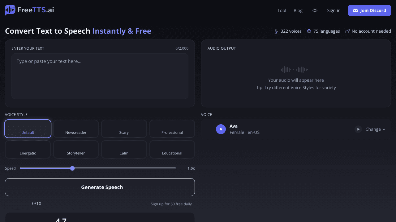FreeTTS.ai website screenshot