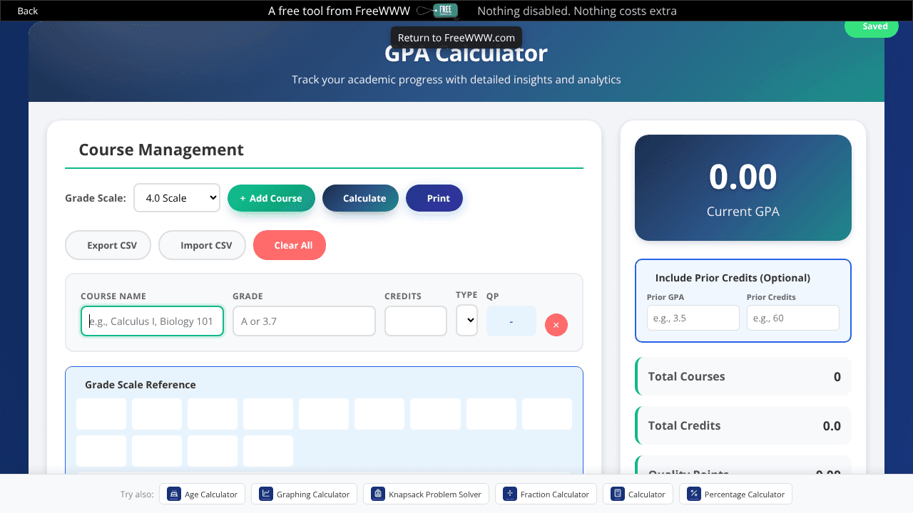 FreeWWW Advanced GPA Calculator website screenshot
