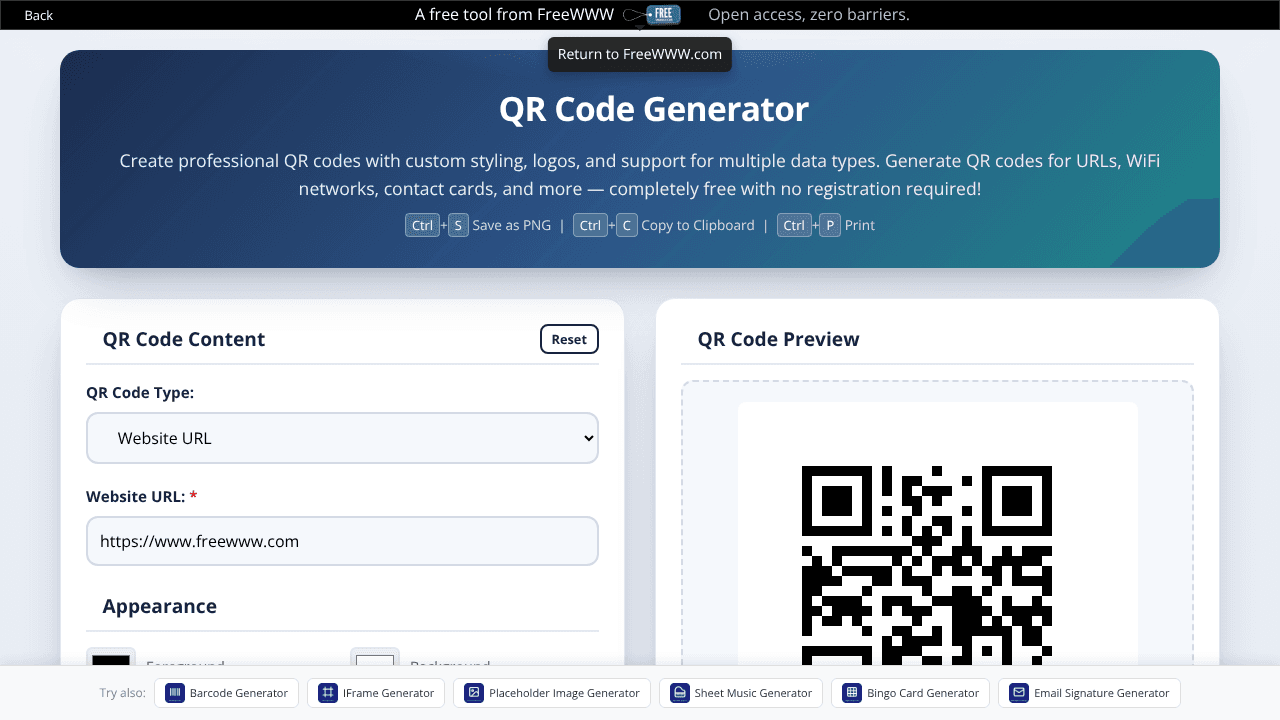 FreeWWW Advanced QR Generator website screenshot