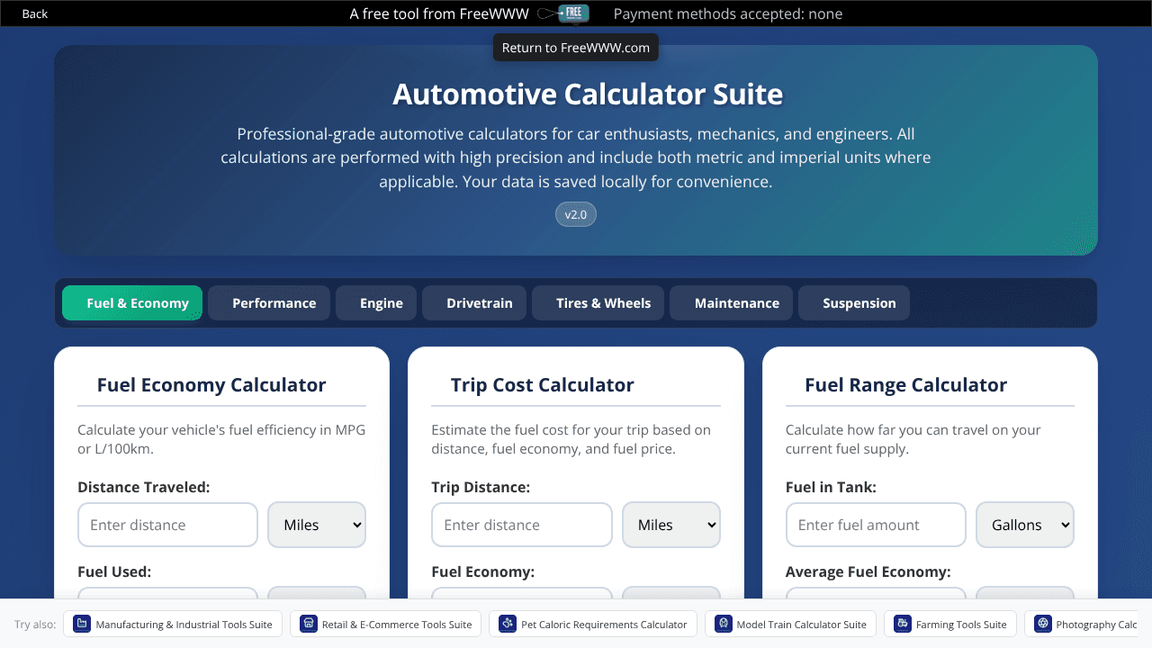 FreeWWW Automotive Calculator Suite website screenshot