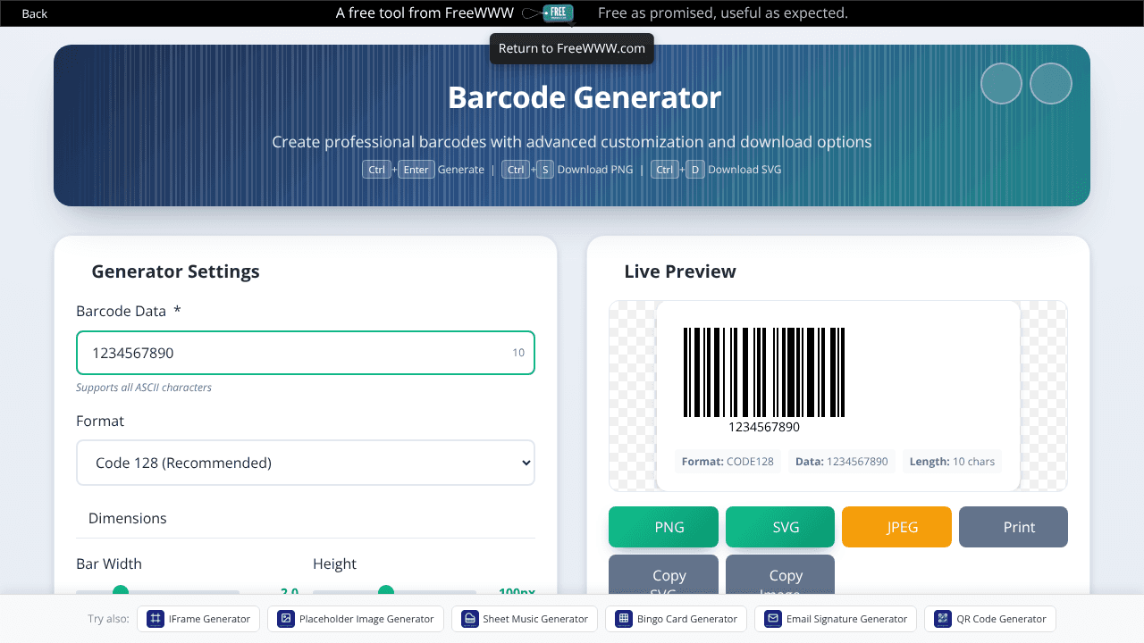 FreeWWW Barcode Generator website screenshot