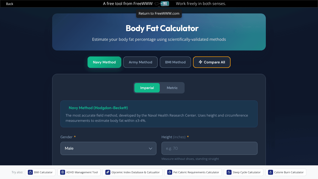 FreeWWW Body Fat Calculator website screenshot
