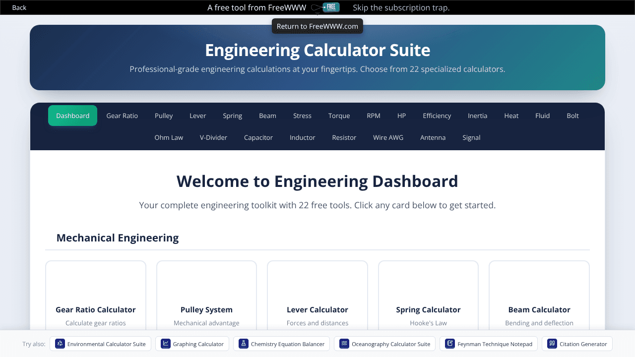 FreeWWW Engineering Calculator Suite website screenshot
