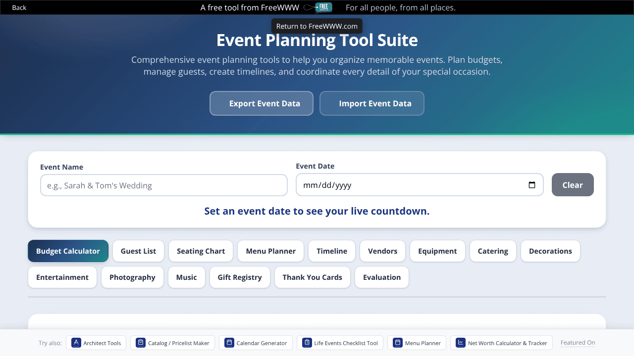FreeWWW Event Planning Tool Suite website screenshot