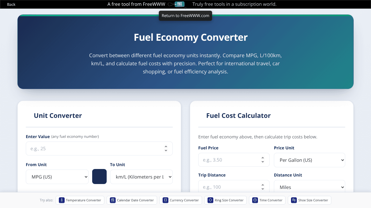 FreeWWW Fuel Economy Converter website screenshot