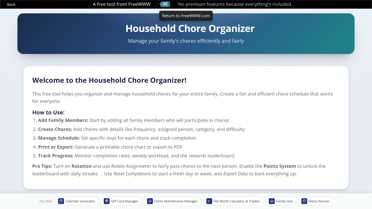 FreeWWW Household Chore Organizer website screenshot
