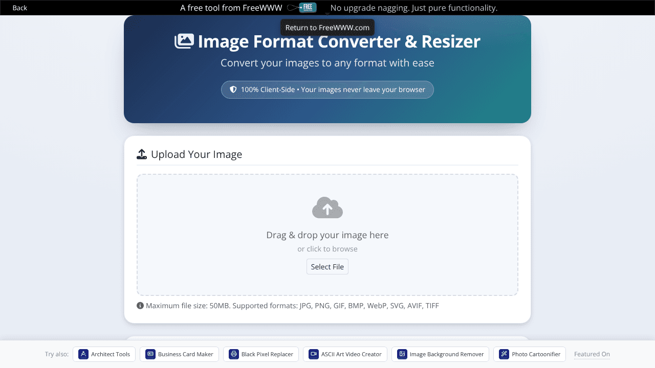 FreeWWW Image Converter & Resizer website screenshot