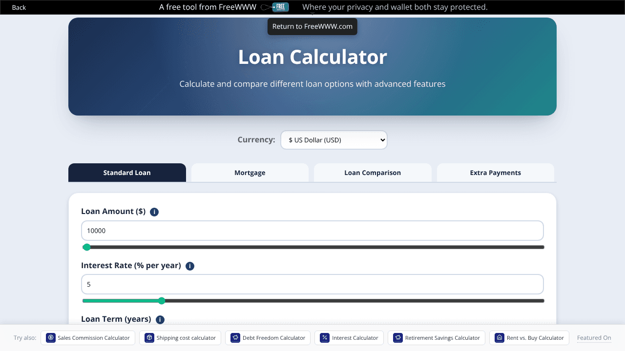 FreeWWW Interactive Loan Calculator website screenshot