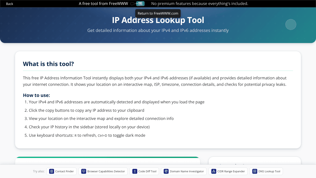 FreeWWW IP Address Lookup website screenshot