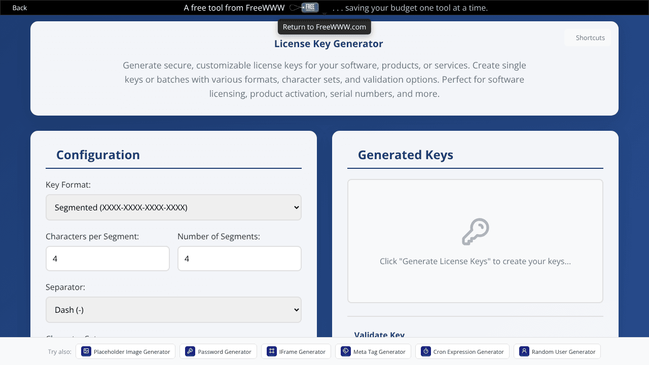 FreeWWW Key Generator Tool website screenshot