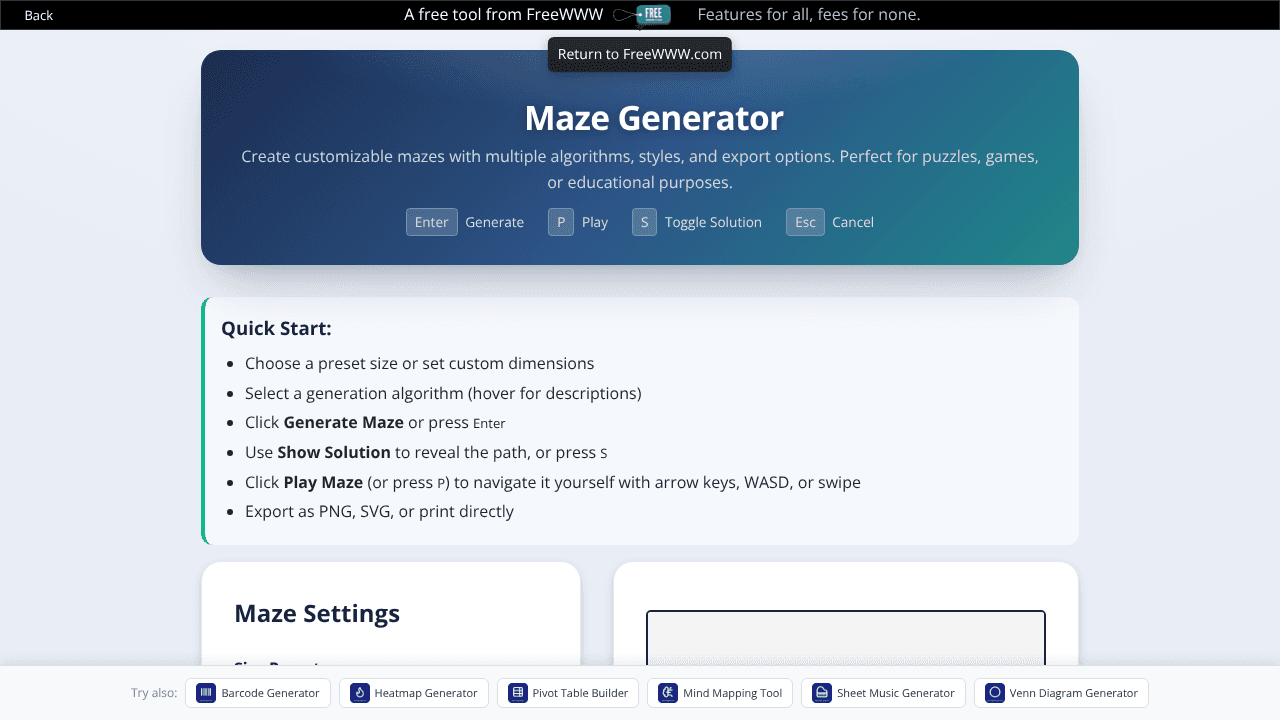 FreeWWW Maze Generator website screenshot