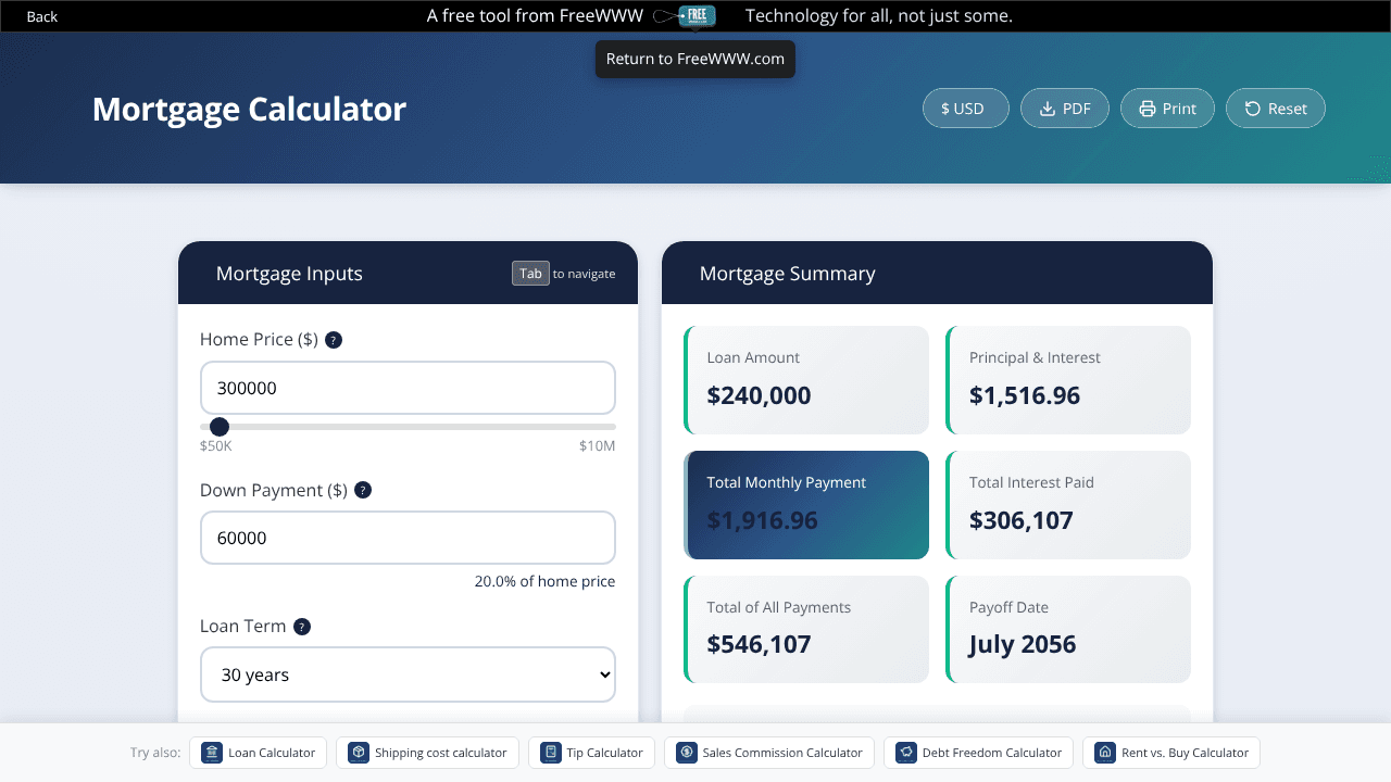 FreeWWW Mortgage Calculator website screenshot
