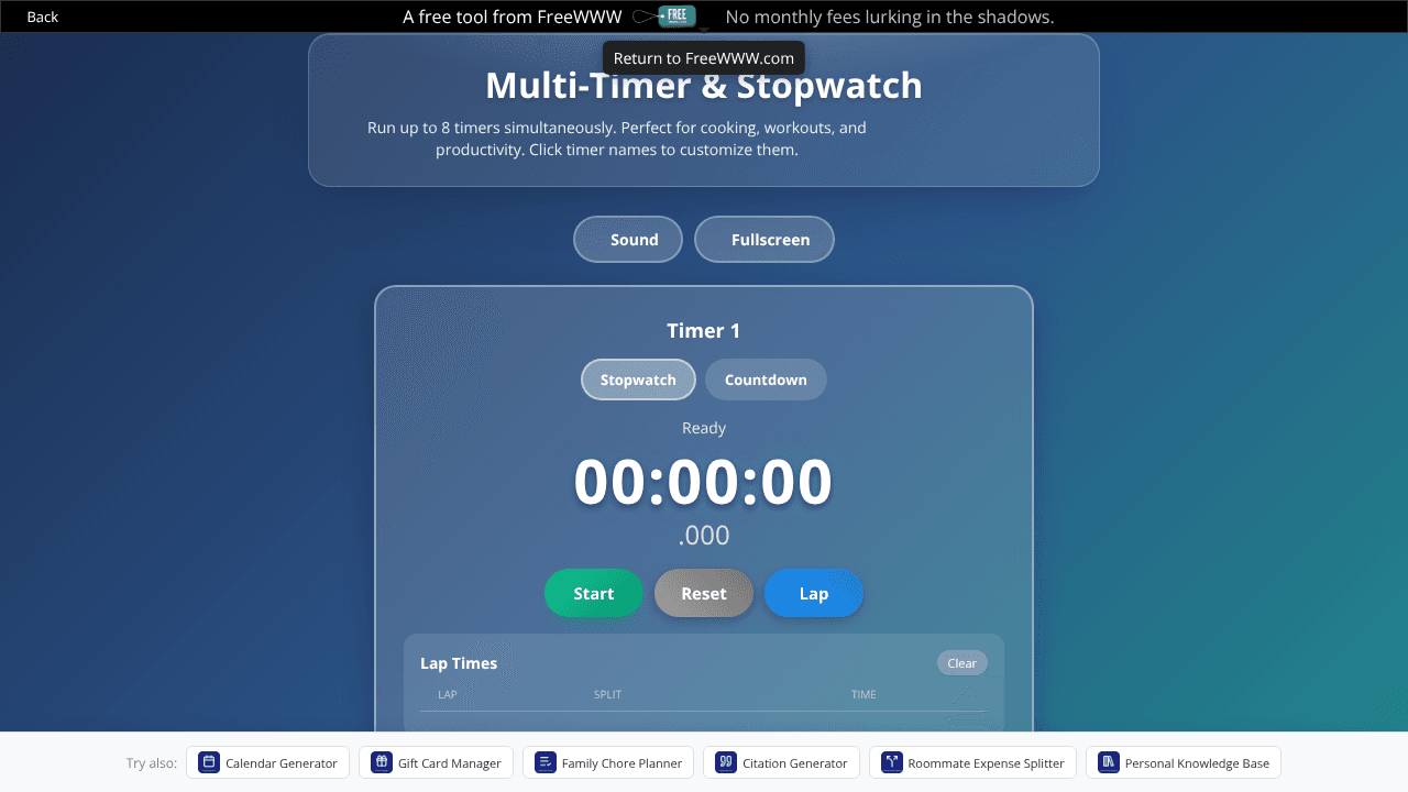 FreeWWW Multi-Timer & Stopwatch website screenshot