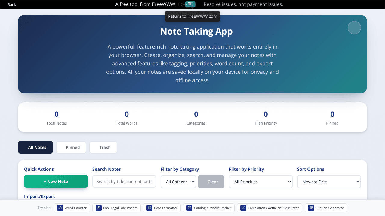 FreeWWW Note Taking App website screenshot