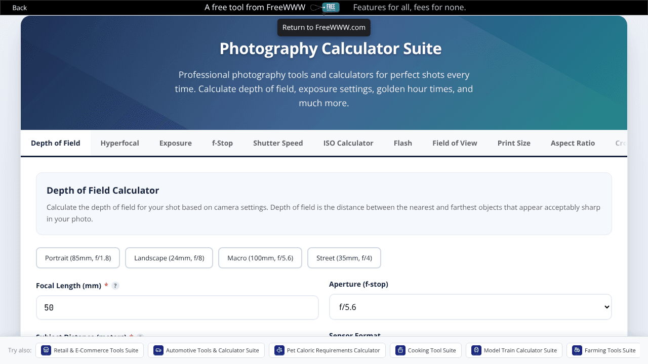 FreeWWW Photography Calculator Suite website screenshot