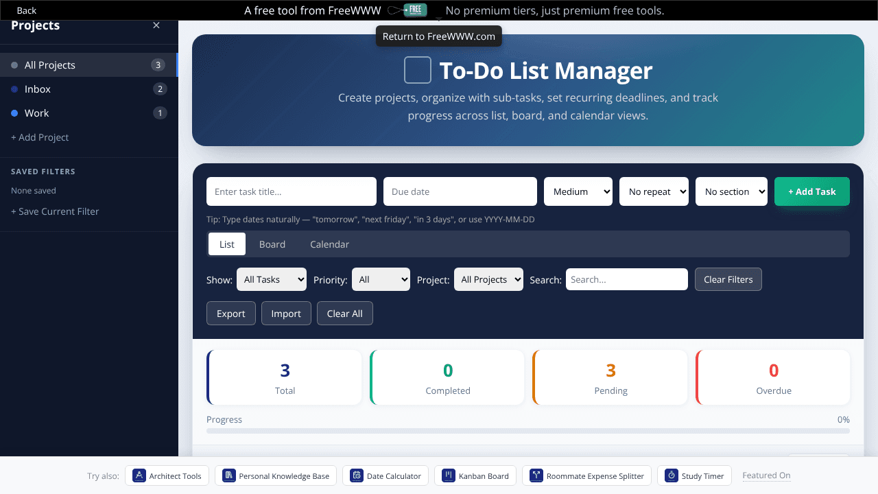 FreeWWW To-Do List Manager website screenshot