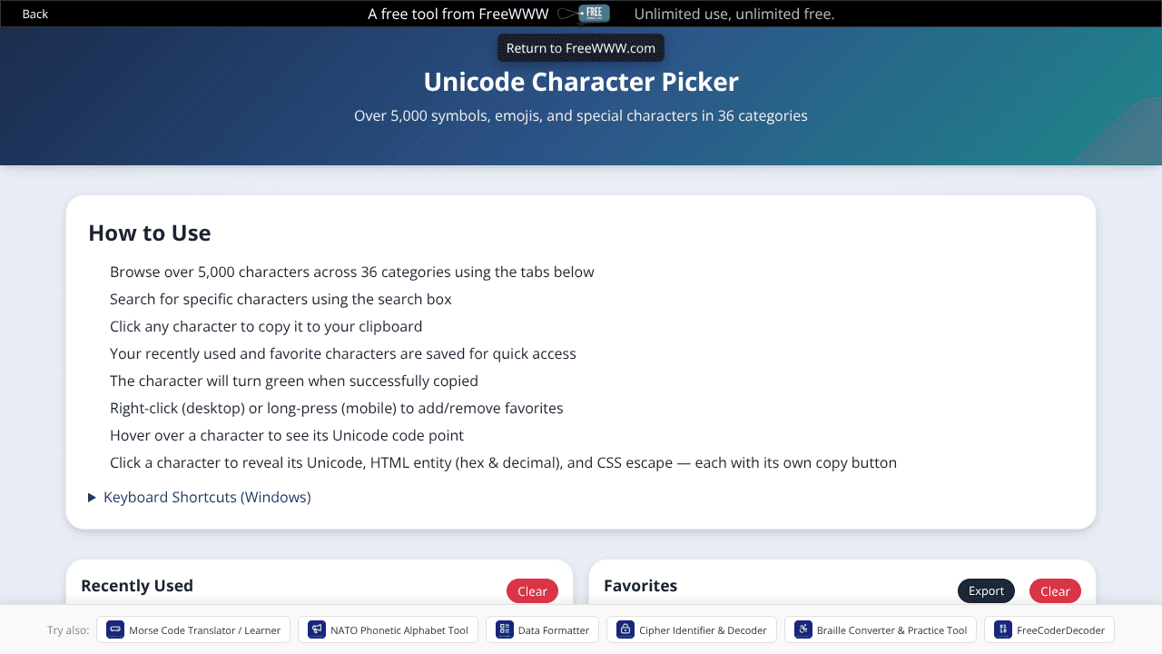FreeWWW Unicode Character Picker website screenshot