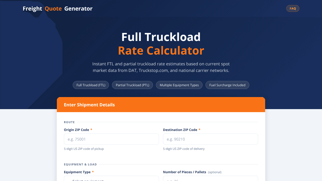 Freight Quote Generator website screenshot