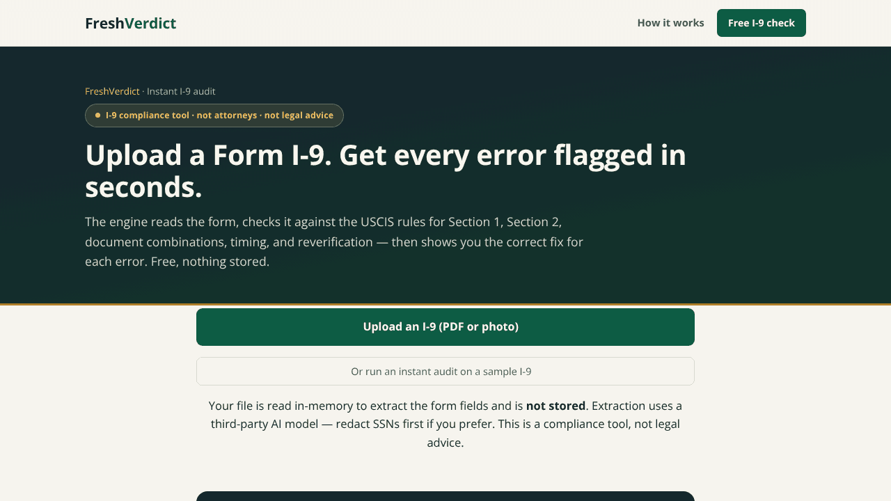 FreshVerdict — Instant I-9 Audit website screenshot