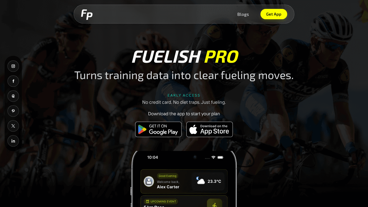 Fuelish Pro AI Fueling App for Athletes website screenshot