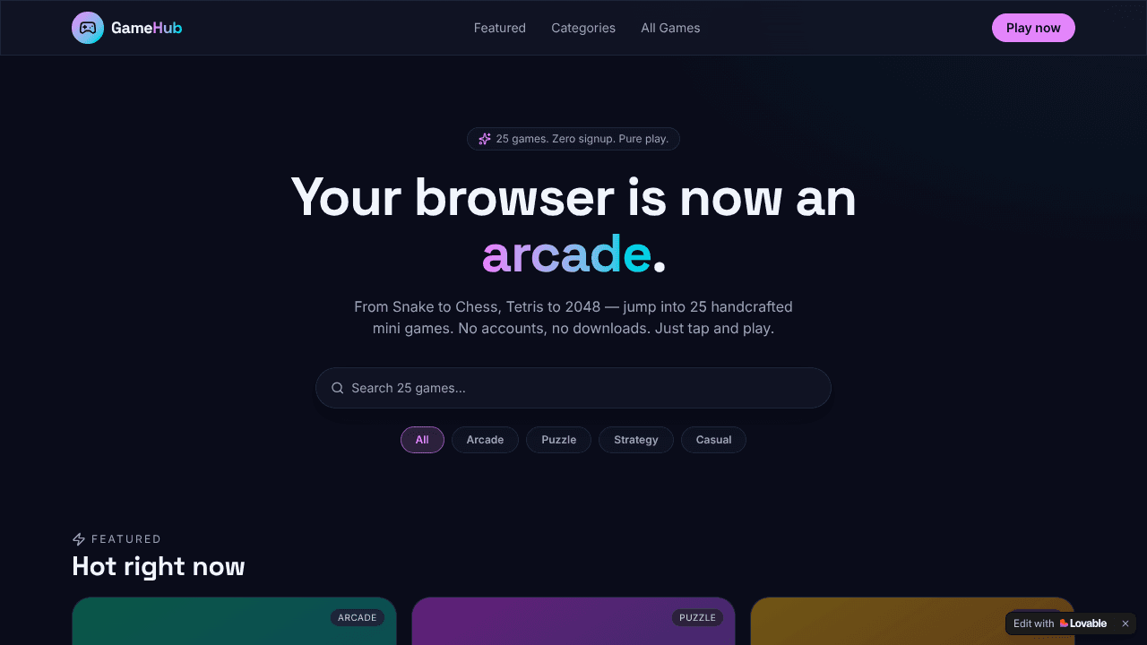 GameHub — Browser Games, Play Instantly website screenshot