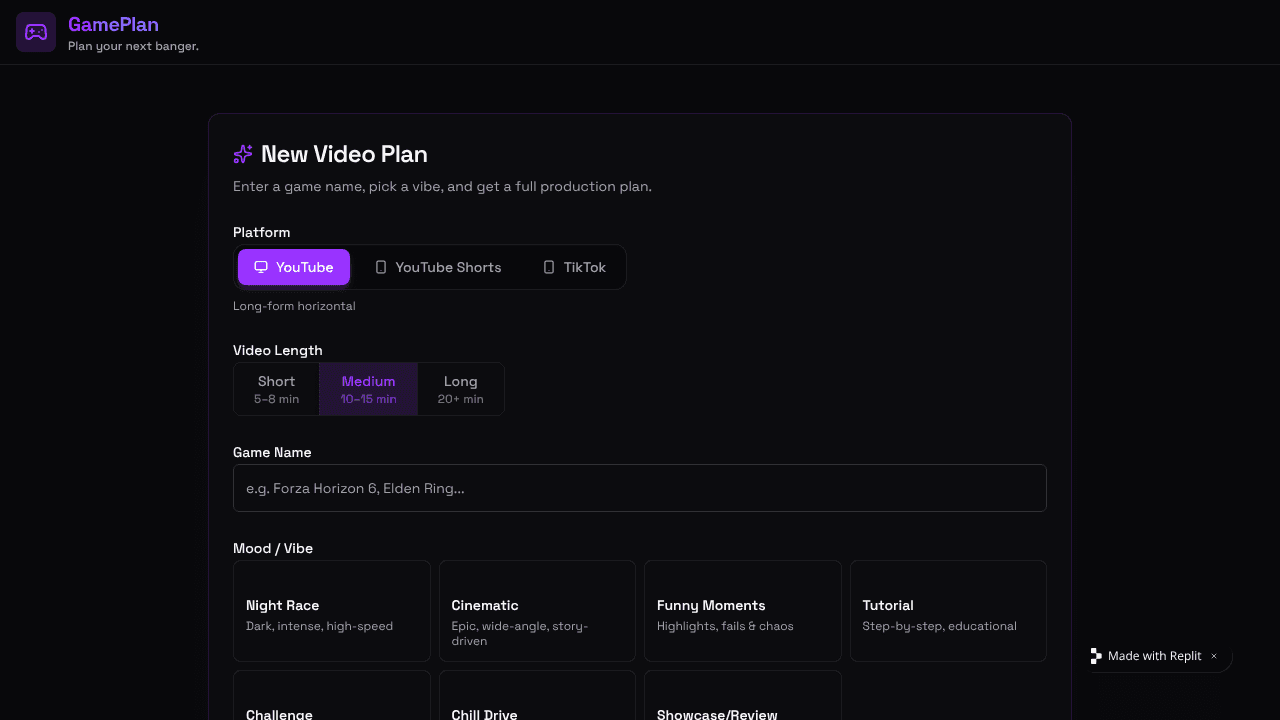 GamePlan YouTube Video Planner for Gamer website screenshot