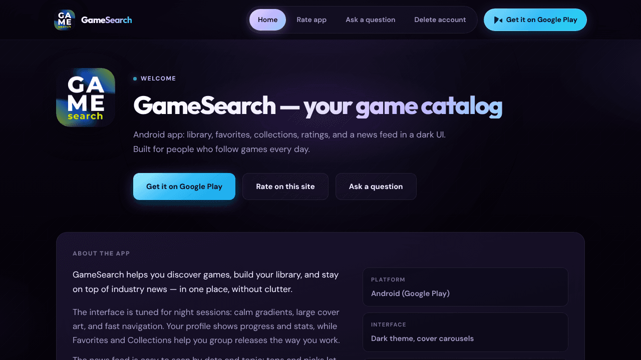 GameSearch: Game Library website screenshot