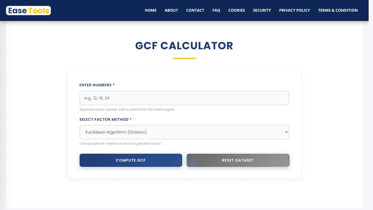 GCF Calculator website screenshot