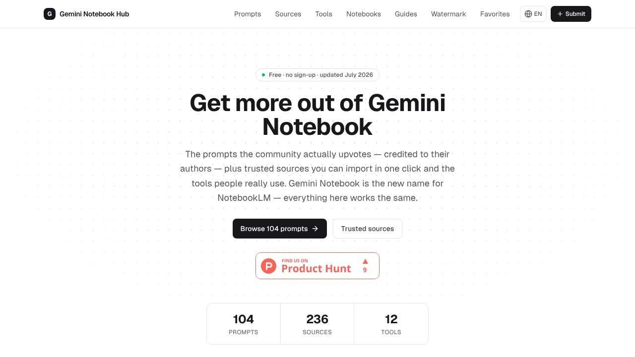 Gemini Notebook Hub website screenshot