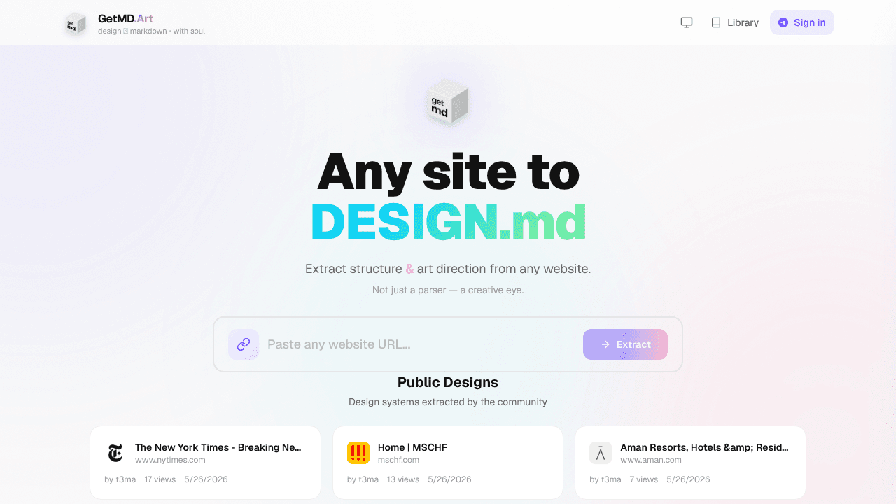 GetMD.Art — Any website into DESIGN.md website screenshot