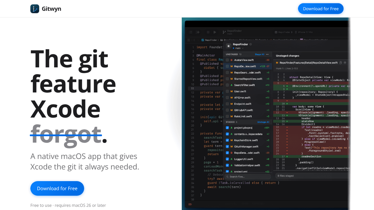 Gitwyn — Git for Xcode website screenshot
