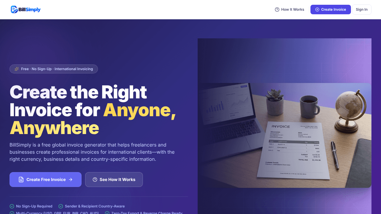 Global Invoice Generator website screenshot