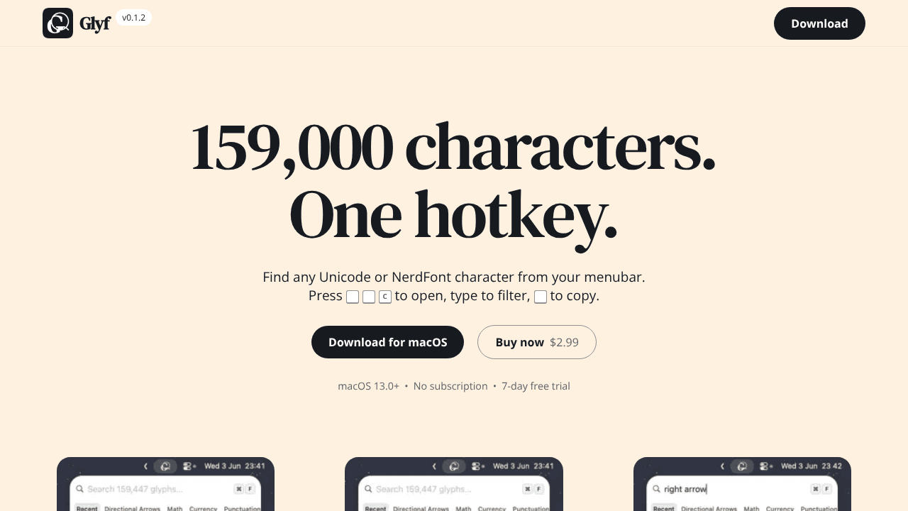 Glyf — Unicode character picker for mac website screenshot