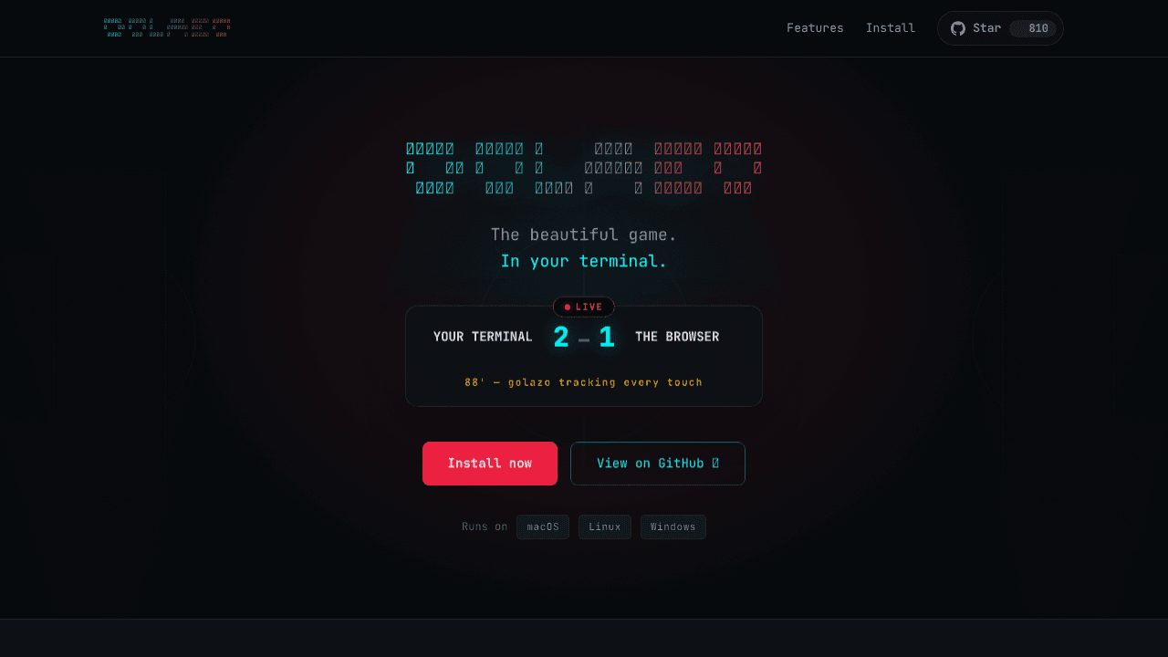 Golazo: football in your terminal website screenshot