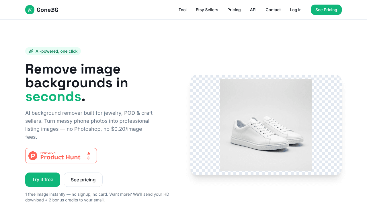 GoneBG - Etsy image backgroud remover website screenshot