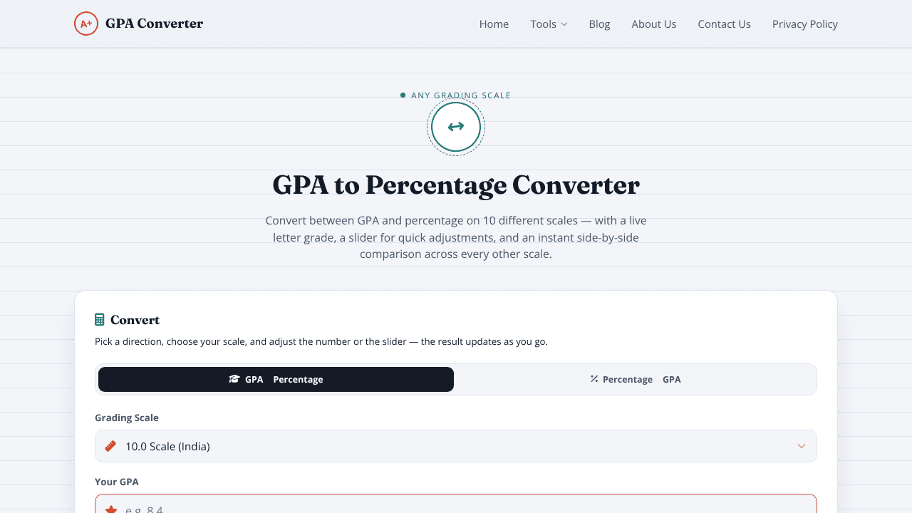 GPA to Percentage Converter website screenshot
