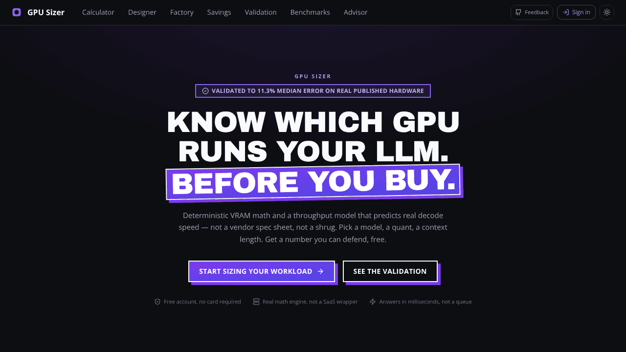 GPU Sizer website screenshot