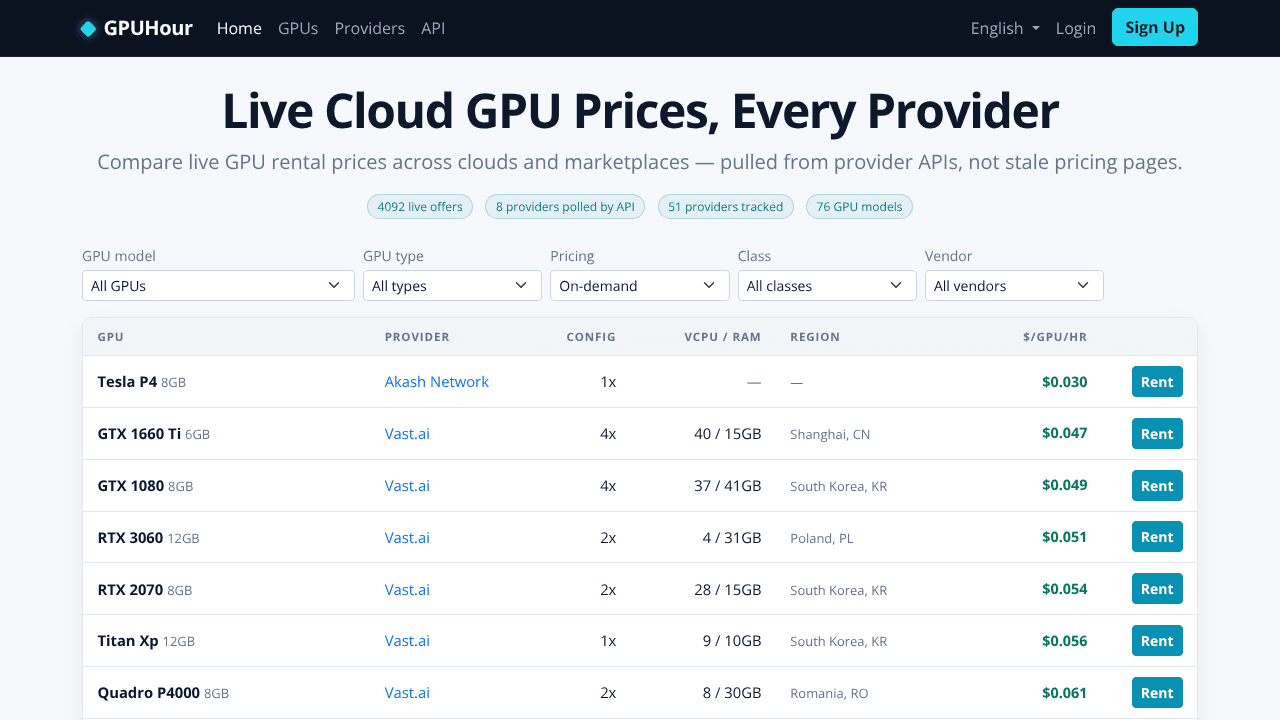 GPUHour website screenshot