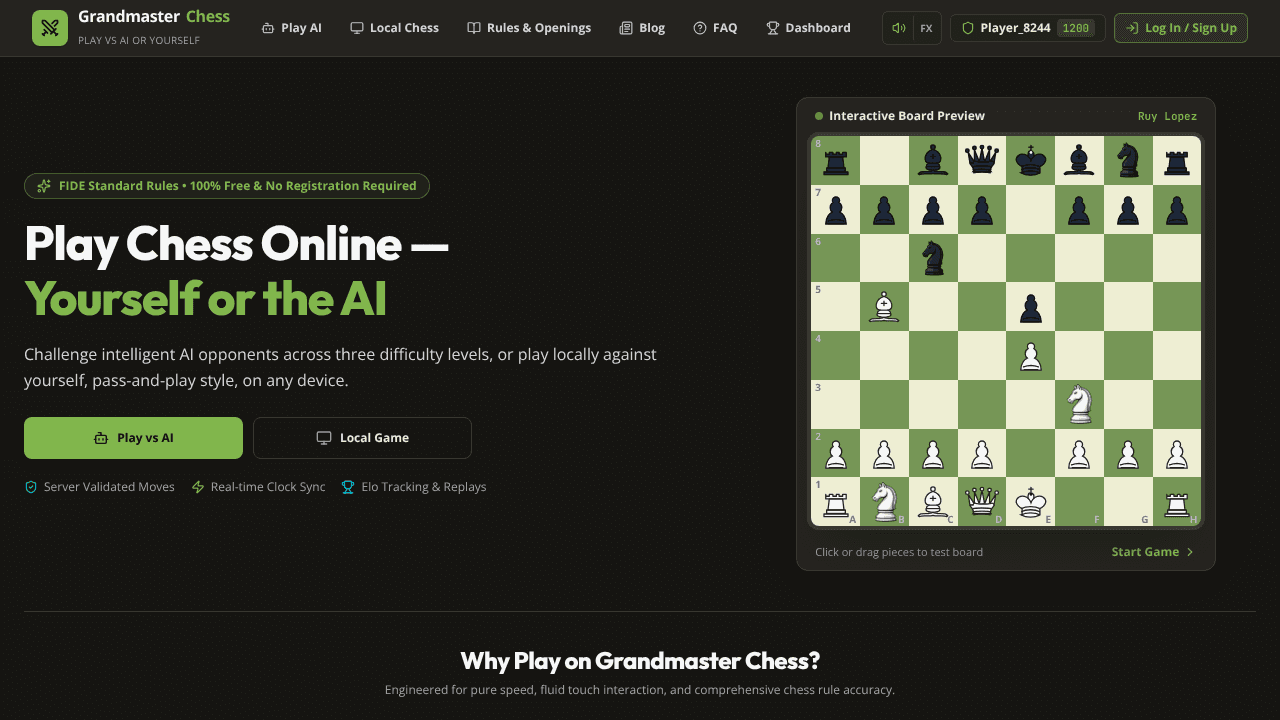 Grandmaster Chess Online website screenshot