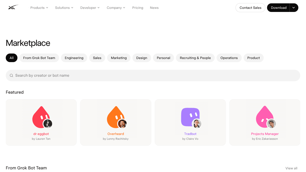 Grok Bot Marketplace website screenshot