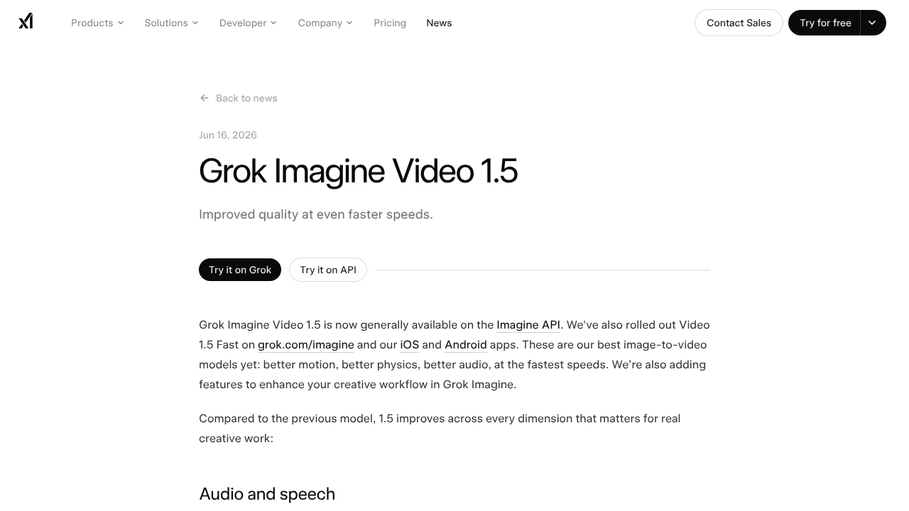 Grok Imagine Video 1.5 website screenshot